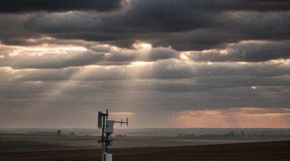 Cer dramatic deasupra câmpiei din Măgurele Ilfov, cu nori stratificați iluminați de soarele dimineții și o stație meteo în prim-plan